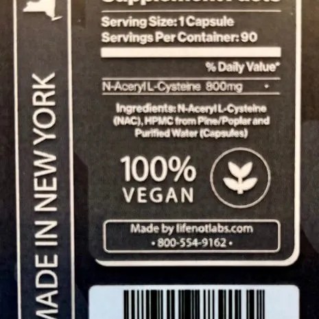 N-acetyl cysteine Nutri facts for our 90 count bottle of our N-acetyl cysteine (NAC)